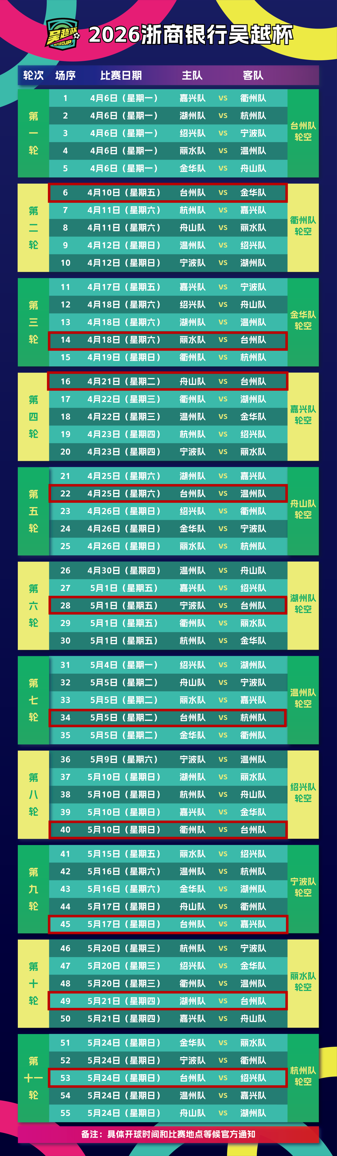 官方网站-吴越杯全赛程出炉！4月10日台州队主场迎战金华队